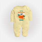 My First Krishnashtami Celebration Sleep Suit/Full Sleeve Body Suit | Personalized Krishna Jayanthi Outfit - PASTEL YELLOW - New Born (Chest 7.5")