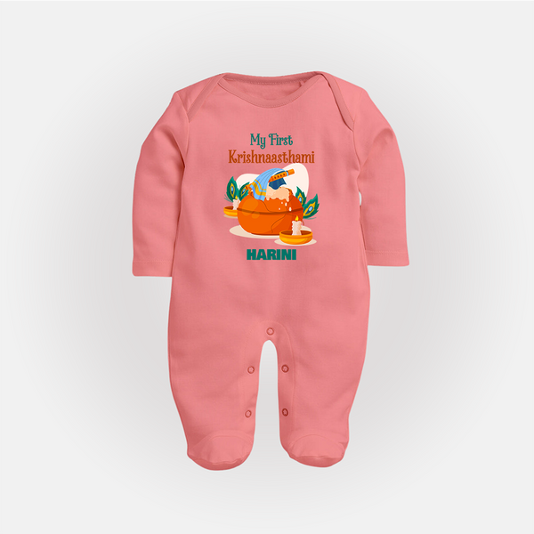 My First Krishnashtami Celebration Sleep Suit/Full Sleeve Body Suit | Personalized Krishna Jayanthi Outfit - PEACH - New Born (Chest 7.5")
