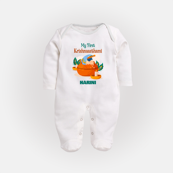 My First Krishnashtami Celebration Sleep Suit/Full Sleeve Body Suit | Personalized Krishna Jayanthi Outfit - WHITE - New Born (Chest 7.5")