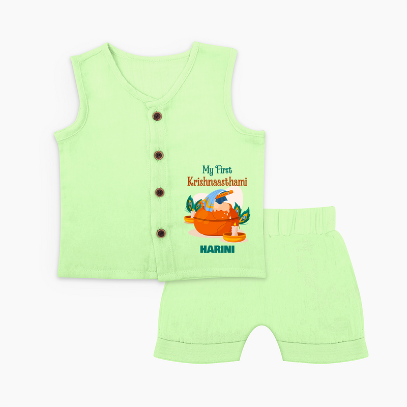 My First Krishnashtami Celebration Jabla Set | Personalized Krishna Jayanthi Outfit - PASTEL GREEN - 0 - 3 Months Old (Chest 9.8")