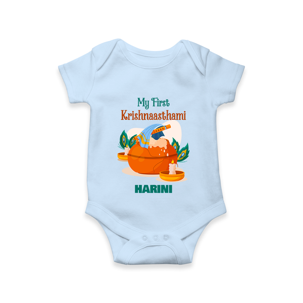 My First Krishnashtami Celebration Romper/Onesie | Personalized Krishna Jayanthi Outfit - BABY BLUE - New Born (Chest 14")