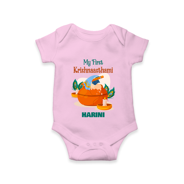 My First Krishnashtami Celebration Romper/Onesie | Personalized Krishna Jayanthi Outfit - BABY PINK - New Born (Chest 14")