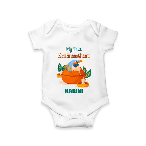 My First Krishnashtami Celebration Romper/Onesie | Personalized Krishna Jayanthi Outfit - WHITE - New Born (Chest 14")