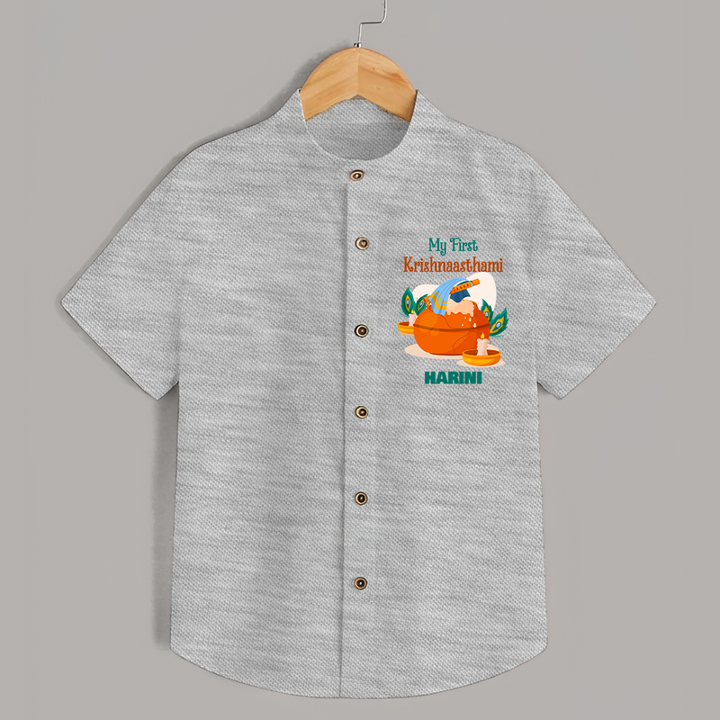 My First Krishnashtami Celebration Shirt | Personalized Krishna Jayanthi Outfit - GREY - 0 - 6 Months Old (Chest 23")