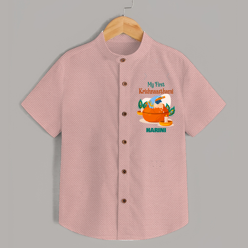 My First Krishnashtami Celebration Shirt | Personalized Krishna Jayanthi Outfit - PEACH - 0 - 6 Months Old (Chest 23")