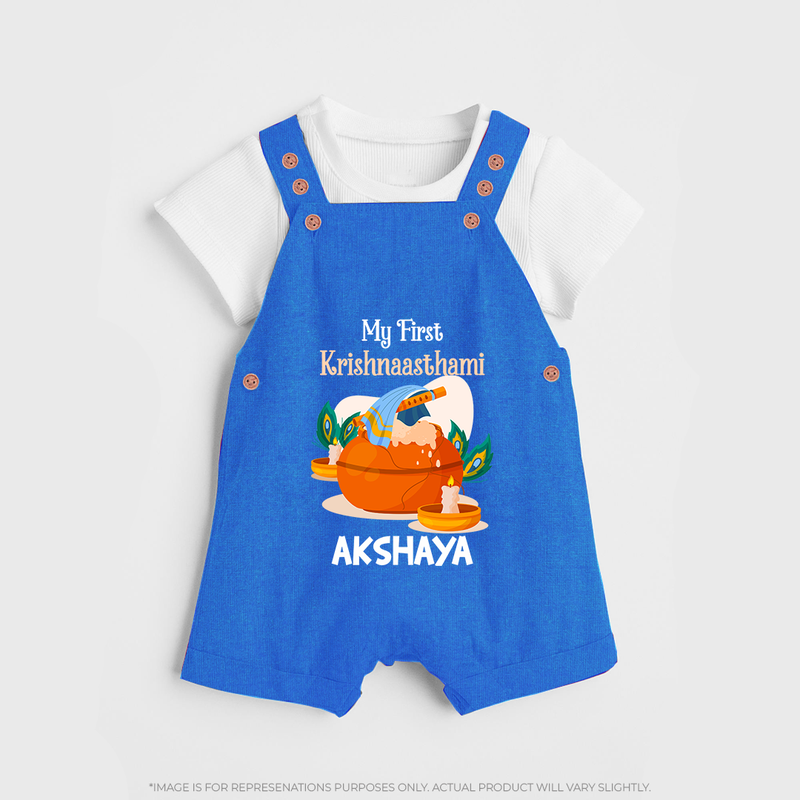 My First Krishnashtami Celebration Dungaree Set | Personalized Krishna Jayanthi Outfit - COBALT BLUE - 0 - 5 Months Old (Chest 18")