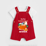 My First Krishnashtami Celebration Dungaree Set | Personalized Krishna Jayanthi Outfit - RED - 0 - 5 Months Old (Chest 18")