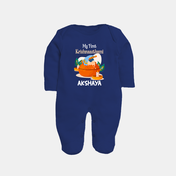 My First Krishnashtami Celebration Sleep Suit/Full Sleeve Body Suit | Personalized Krishna Jayanthi Outfit - NAVY BLUE - New Born (Chest 7.5")