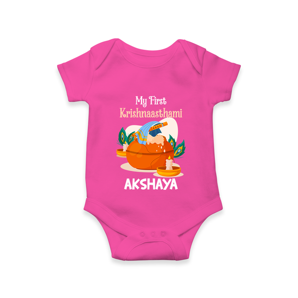 My First Krishnashtami Celebration Romper/Onesie | Personalized Krishna Jayanthi Outfit - HOT PINK - New Born (Chest 14")