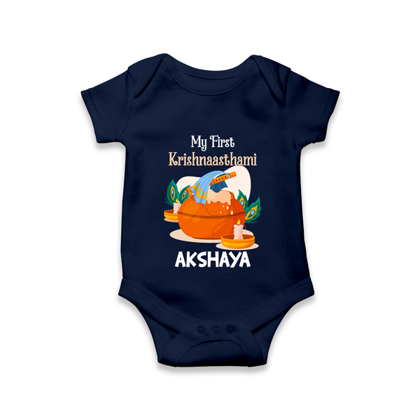My First Krishnashtami Celebration Romper/Onesie | Personalized Krishna Jayanthi Outfit - NAVY BLUE - New Born (Chest 14")