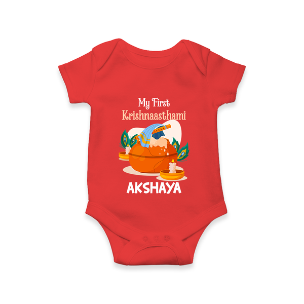 My First Krishnashtami Celebration Romper/Onesie | Personalized Krishna Jayanthi Outfit - RED - New Born (Chest 14")