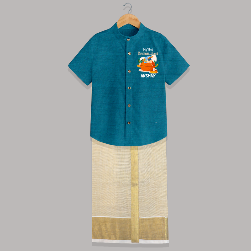 My First Krishnashtami Celebration Shirt and Dhoti | Personalized Krishna Jayanthi Outfit - PEACOCK BLUE - 0 - 6 Months Old (Chest-23") (Dhoti length-14")