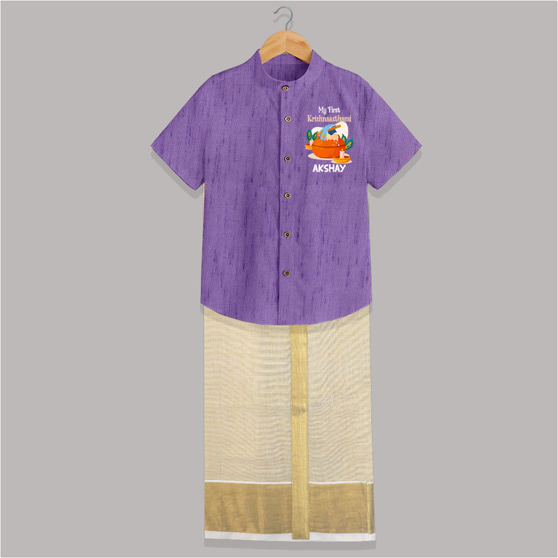 My First Krishnashtami Celebration Shirt and Dhoti | Personalized Krishna Jayanthi Outfit - ROYAL PURPLE - 0 - 6 Months Old (Chest-23") (Dhoti length-14")