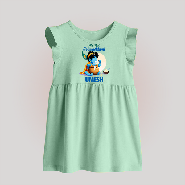 My First Gokulashtami Baby Frock | Personalized Baby Frock for Gokulashtami - MINT GREEN - 0 - 3 Months Old (Chest 17")