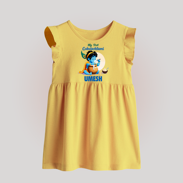 My First Gokulashtami Baby Frock | Personalized Baby Frock for Gokulashtami - PASTEL YELLOW - 0 - 3 Months Old (Chest 17")