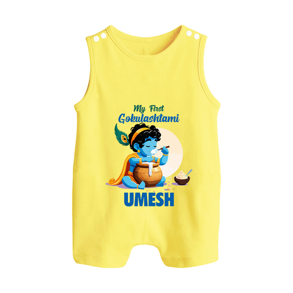 My First Gokulashtami Romper Suit/Sleeveless Romper | Personalized Baby Romper Suit/Sleeveless Romper for Gokulashtami - PASTEL YELLOW - 0 - 5 Months Old (Chest 18")