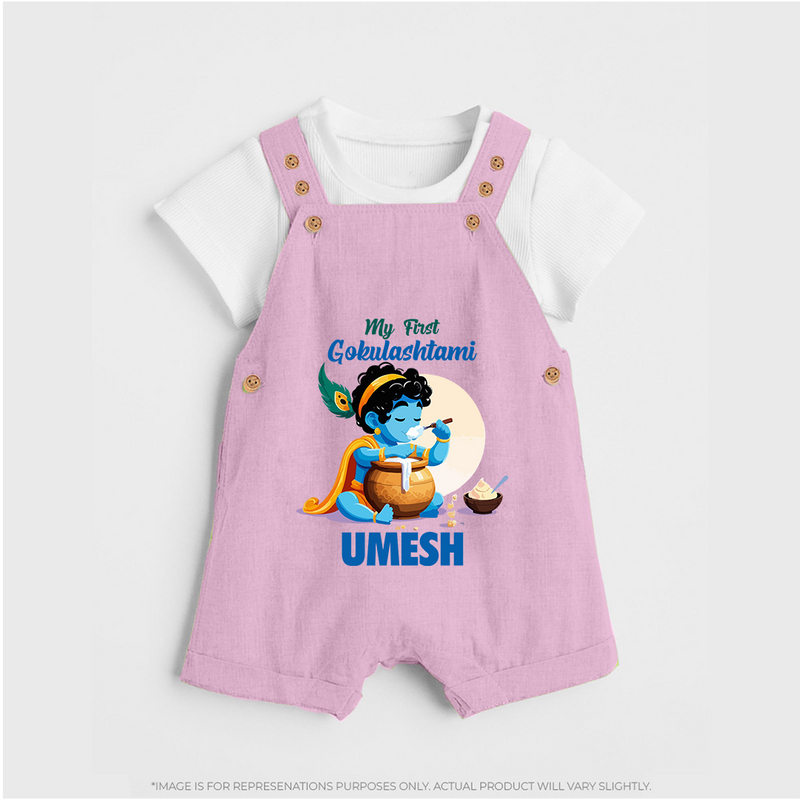 My First Gokulashtami Dungaree Set | Personalized Baby Dungaree Set for Gokulashtami - BABY PINK - 0 - 5 Months Old (Chest 18")