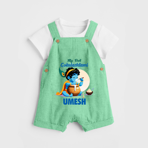 My First Gokulashtami Dungaree Set | Personalized Baby Dungaree Set for Gokulashtami - GREEN - 0 - 5 Months Old (Chest 18")