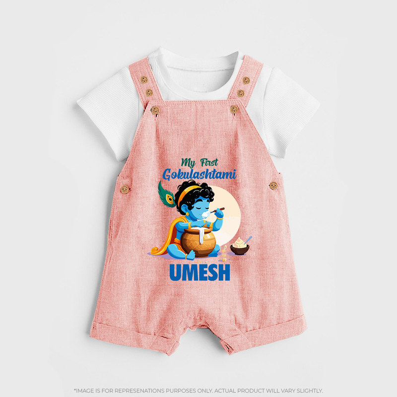 My First Gokulashtami Dungaree Set | Personalized Baby Dungaree Set for Gokulashtami - PEACH - 0 - 5 Months Old (Chest 18")