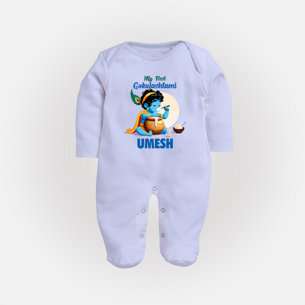 My First Gokulashtami Sleep Suit/Full Sleeve Body Suit | Personalized Baby Sleep Suit/Full Sleeve Body Suit for Gokulashtami - BABY BLUE - New Born (Chest 7.5")
