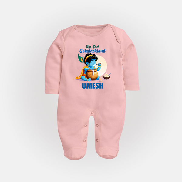 My First Gokulashtami Sleep Suit/Full Sleeve Body Suit | Personalized Baby Sleep Suit/Full Sleeve Body Suit for Gokulashtami - BABY PINK - New Born (Chest 7.5")