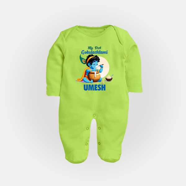 My First Gokulashtami Sleep Suit/Full Sleeve Body Suit | Personalized Baby Sleep Suit/Full Sleeve Body Suit for Gokulashtami - LIME GREEN - New Born (Chest 7.5")