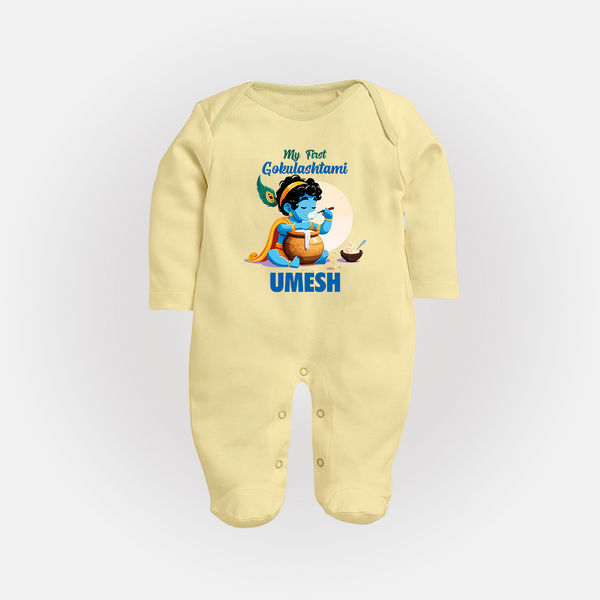 My First Gokulashtami Sleep Suit/Full Sleeve Body Suit | Personalized Baby Sleep Suit/Full Sleeve Body Suit for Gokulashtami - PASTEL YELLOW - New Born (Chest 7.5")