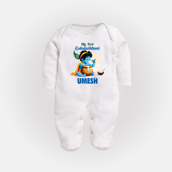My First Gokulashtami Sleep Suit/Full Sleeve Body Suit | Personalized Baby Sleep Suit/Full Sleeve Body Suit for Gokulashtami - WHITE - New Born (Chest 7.5")