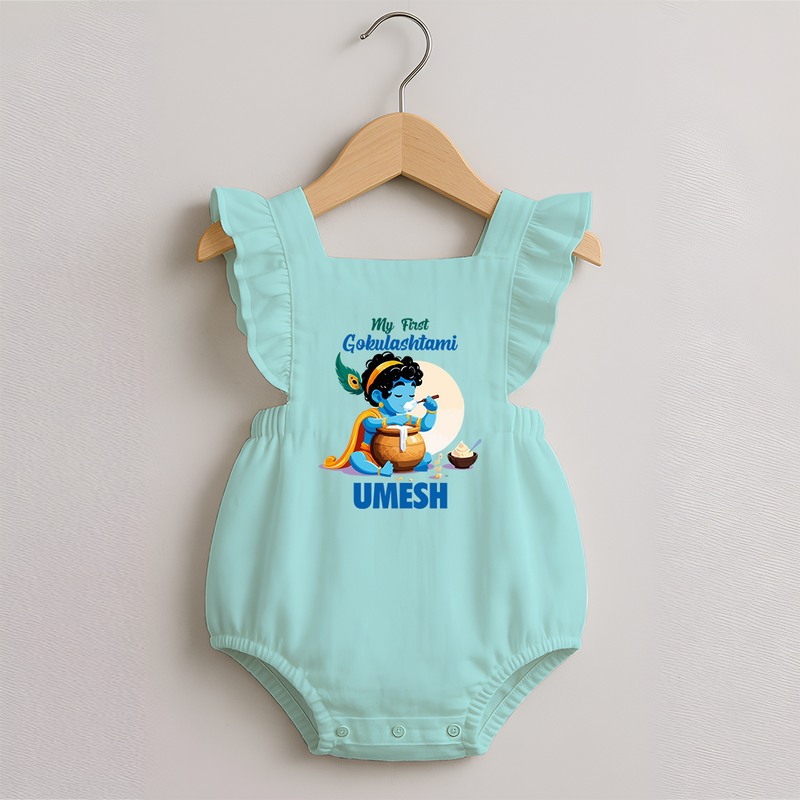My First Gokulashtami Romper Frock | Personalized Baby Romper Frock for Gokulashtami - MINT GREEN - 0 - 3 Months Old (Chest 19")