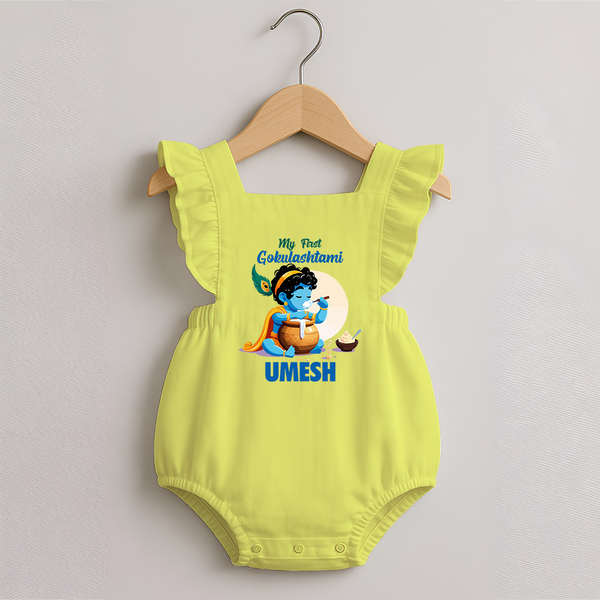 My First Gokulashtami Romper Frock | Personalized Baby Romper Frock for Gokulashtami - PASTEL YELLOW - 0 - 3 Months Old (Chest 19")