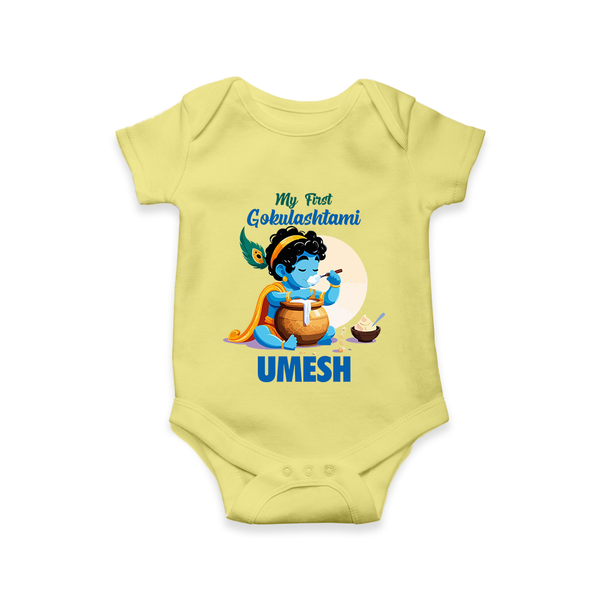 My First Gokulashtami Romper/Onesie | Personalized Baby Romper/Onesie for Gokulashtami - PASTEL YELLOW - New Born (Chest 14")