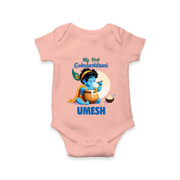 My First Gokulashtami Romper/Onesie | Personalized Baby Romper/Onesie for Gokulashtami - PEACH - New Born (Chest 14")