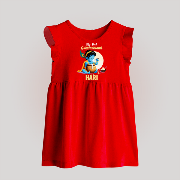 My First Gokulashtami Baby Frock | Personalized Baby Frock for Gokulashtami - RED - 0 - 3 Months Old (Chest 17")