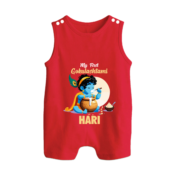 My First Gokulashtami Romper Suit/Sleeveless Romper | Personalized Baby Romper Suit/Sleeveless Romper for Gokulashtami - RED - 0 - 5 Months Old (Chest 18")