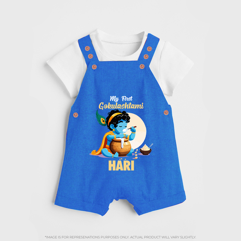 My First Gokulashtami Dungaree Set | Personalized Baby Dungaree Set for Gokulashtami - COBALT BLUE - 0 - 5 Months Old (Chest 18")