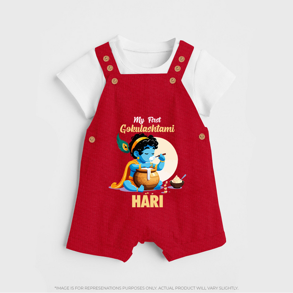 My First Gokulashtami Dungaree Set | Personalized Baby Dungaree Set for Gokulashtami - RED - 0 - 5 Months Old (Chest 18")