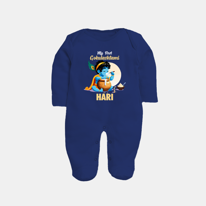 My First Gokulashtami Sleep Suit/Full Sleeve Body Suit | Personalized Baby Sleep Suit/Full Sleeve Body Suit for Gokulashtami - NAVY BLUE - New Born (Chest 7.5")
