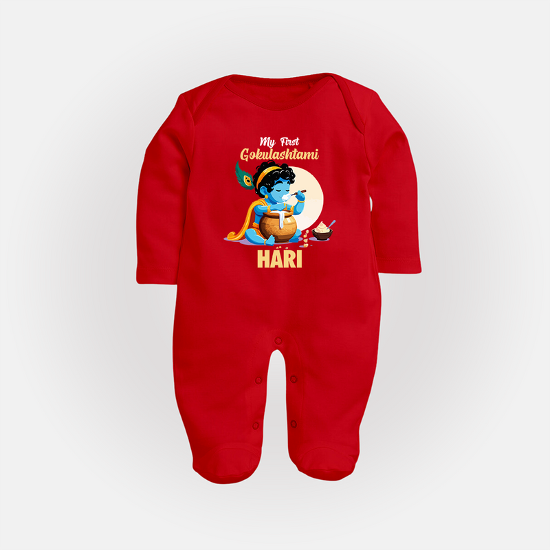 My First Gokulashtami Sleep Suit/Full Sleeve Body Suit | Personalized Baby Sleep Suit/Full Sleeve Body Suit for Gokulashtami - RED - New Born (Chest 7.5")