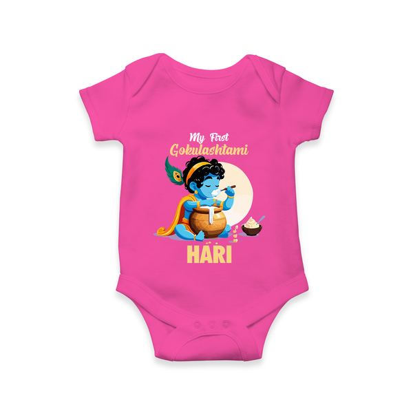 My First Gokulashtami Romper/Onesie | Personalized Baby Romper/Onesie for Gokulashtami - HOT PINK - New Born (Chest 14")