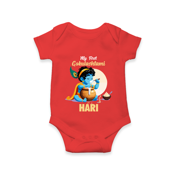 My First Gokulashtami Romper/Onesie | Personalized Baby Romper/Onesie for Gokulashtami - RED - New Born (Chest 14")