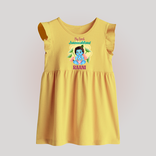 Celebrate My First Janmashtami | Custom  Baby Frock for Krishna's Birth - PASTEL YELLOW - 0 - 3 Months Old (Chest 17")