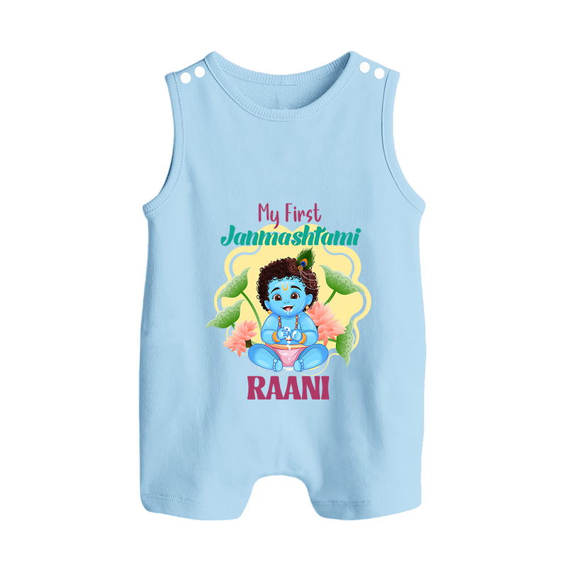 Celebrate My First Janmashtami | Custom  Romper Suit/Sleeveless Romper for Krishna's Birth - BABY BLUE - 0 - 5 Months Old (Chest 18")