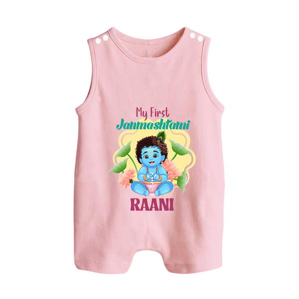 Celebrate My First Janmashtami | Custom  Romper Suit/Sleeveless Romper for Krishna's Birth - BABY PINK - 0 - 5 Months Old (Chest 18")