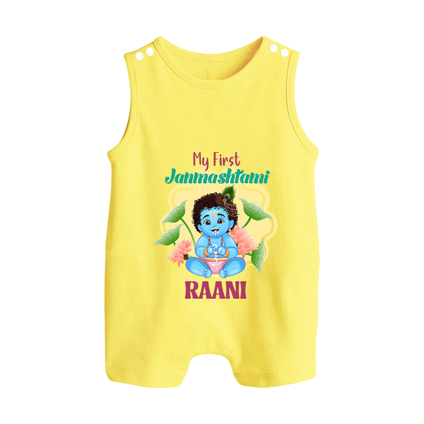 Celebrate My First Janmashtami | Custom  Romper Suit/Sleeveless Romper for Krishna's Birth - PASTEL YELLOW - 0 - 5 Months Old (Chest 18")