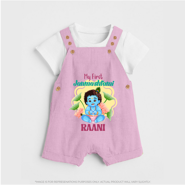 Celebrate My First Janmashtami | Custom  Dungaree Set for Krishna's Birth - BABY PINK - 0 - 5 Months Old (Chest 18")