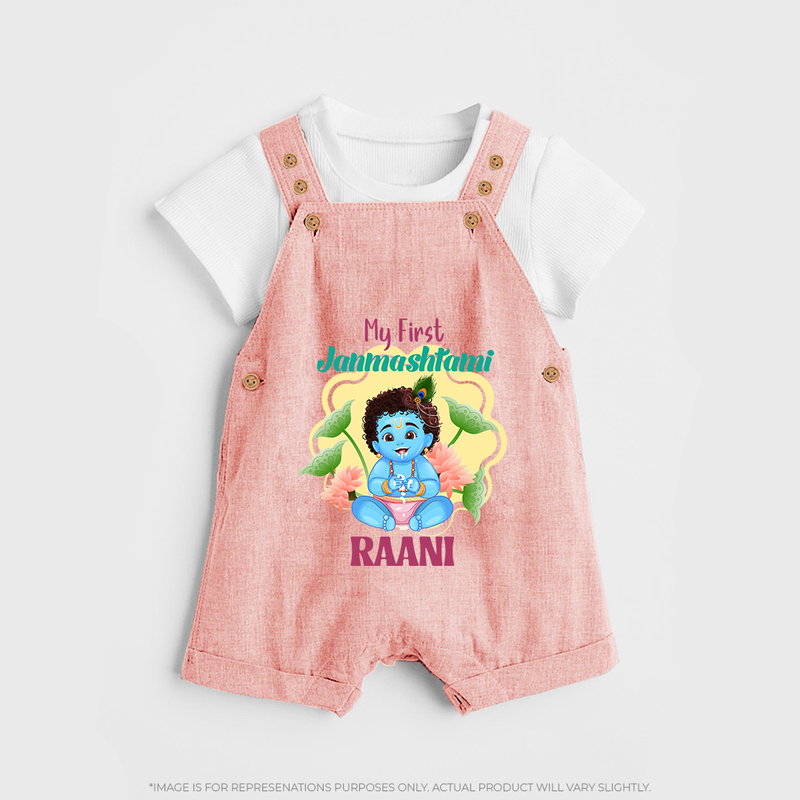 Celebrate My First Janmashtami | Custom  Dungaree Set for Krishna's Birth - PEACH - 0 - 5 Months Old (Chest 18")