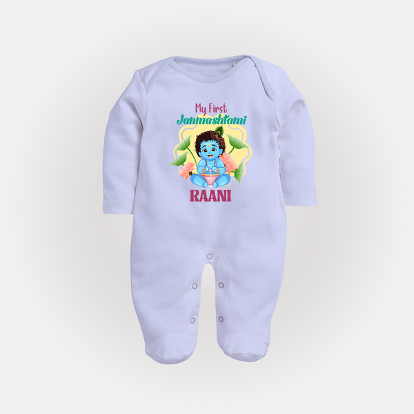Celebrate My First Janmashtami | Custom  Sleep Suit/Full Sleeve Body Suit for Krishna's Birth - BABY BLUE - New Born (Chest 7.5")