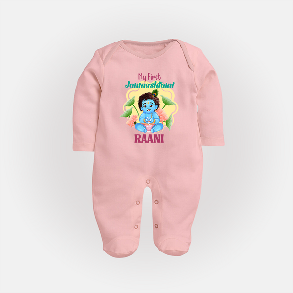 Celebrate My First Janmashtami | Custom  Sleep Suit/Full Sleeve Body Suit for Krishna's Birth - BABY PINK - New Born (Chest 7.5")