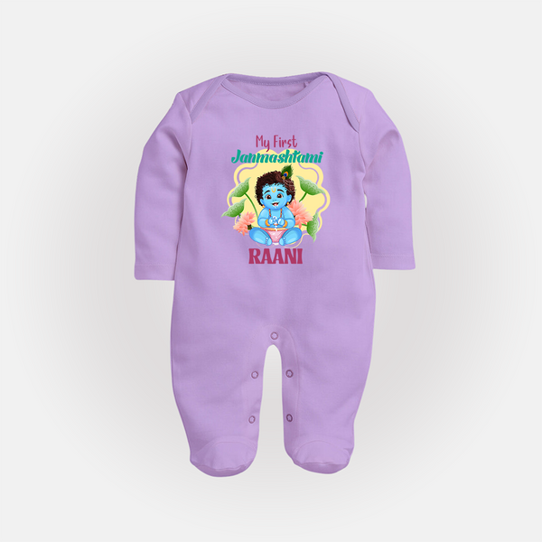 Celebrate My First Janmashtami | Custom  Sleep Suit/Full Sleeve Body Suit for Krishna's Birth - LILAC - New Born (Chest 7.5")