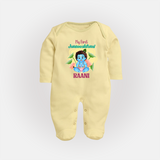 Celebrate My First Janmashtami | Custom  Sleep Suit/Full Sleeve Body Suit for Krishna's Birth - PASTEL YELLOW - New Born (Chest 7.5")